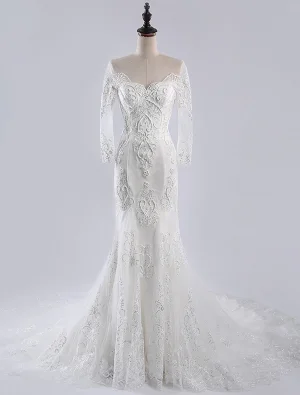 Luxury Mermaid Wedding Dresses 2016 Scoop Neck Applique Heart Shaped Lace Wedding Dress With Long Tailing