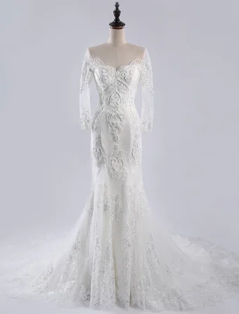 Luxury Mermaid Wedding Dresses 2016 Scoop Neck Applique Heart Shaped Lace Wedding Dress With Long Tailing