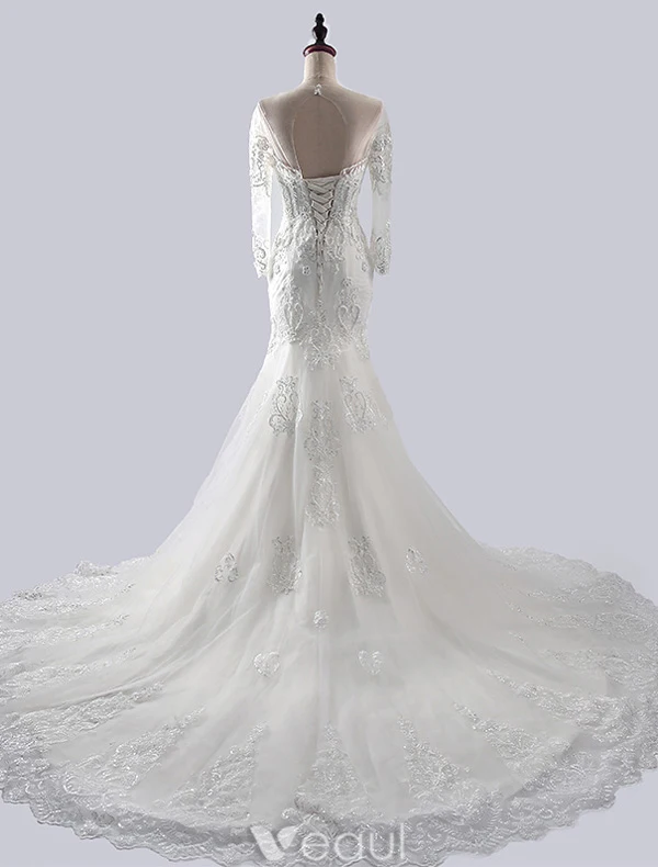 Luxury Mermaid Wedding Dresses 2016 Scoop Neck Applique Heart Shaped Lace Wedding Dress With Long Tailing