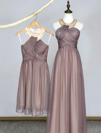 Beautiful Evening Dress Crystal Tube Scoop Neckline Ruffles Champagne Chiffon Dress