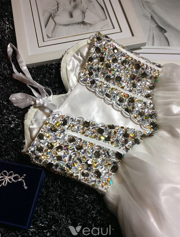 Advanced Handmade Corset Cocktail Dress Beading Crystal White Organza Little Party Dress