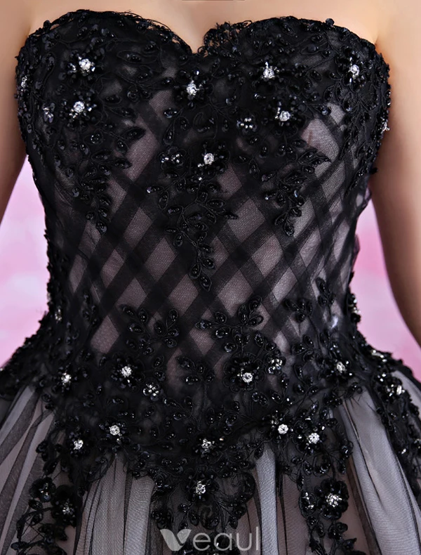 Mote Kjæreste Ballkjoler Kjoler 2016 Beading Rhinestones Lang Svart Tyll Ballkjole Med Tailing