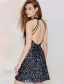 Sparkly Zwarte Pailletten Feestjurk Halter Ruglooze Korte Little Black Dress