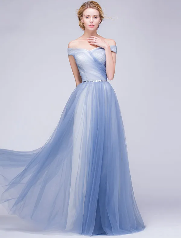 Elegant Evening Dresses 2016 A-line Off The Shoulder Backless Sky Blue Long Dress