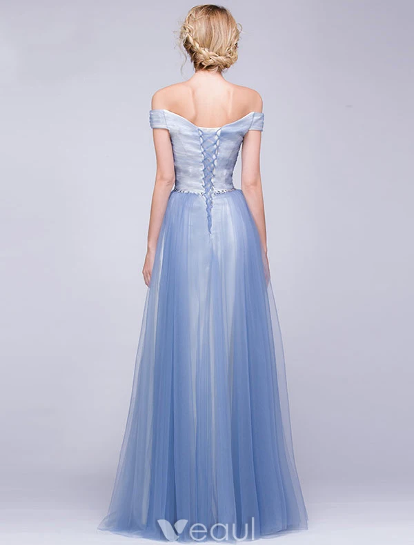 Elegant Evening Dresses 2016 A-line Off The Shoulder Backless Sky Blue Long Dress