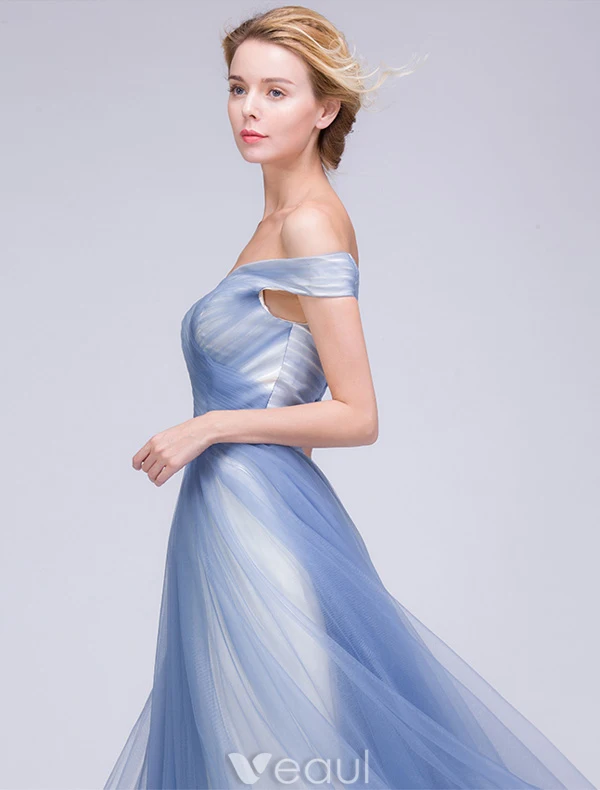 Elegant Evening Dresses 2016 A-line Off The Shoulder Backless Sky Blue Long Dress