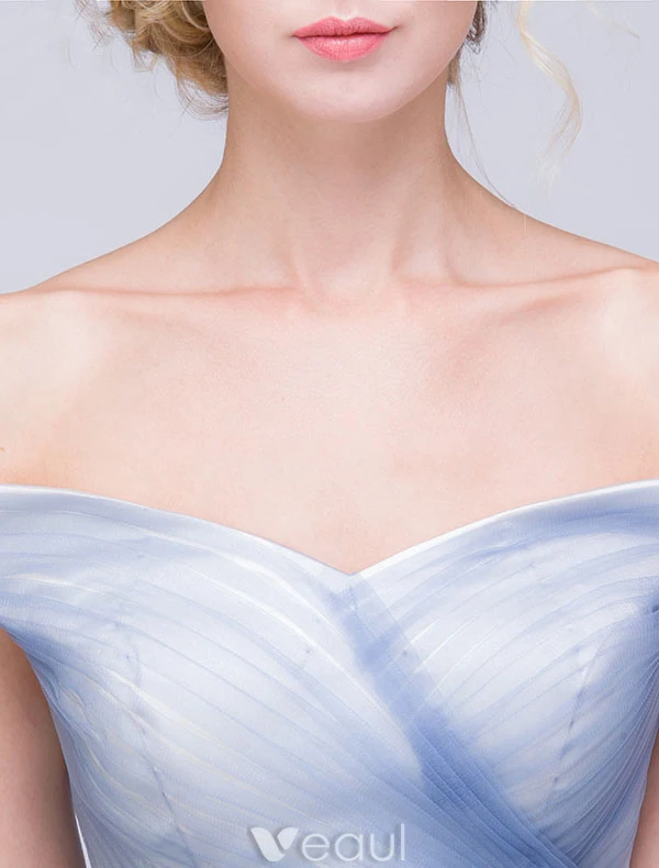 Elegant Evening Dresses 2016 A-line Off The Shoulder Backless Sky Blue Long Dress