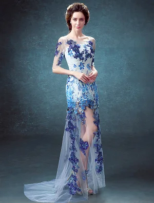 Sexy Evening Dresses 2016 Scoop Neckline Printing Flowers Sequins Tulle Dress