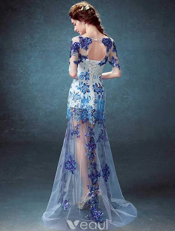 Sexy Evening Dresses 2016  Scoop Neckline Printing Flowers Sequins Tulle Dress