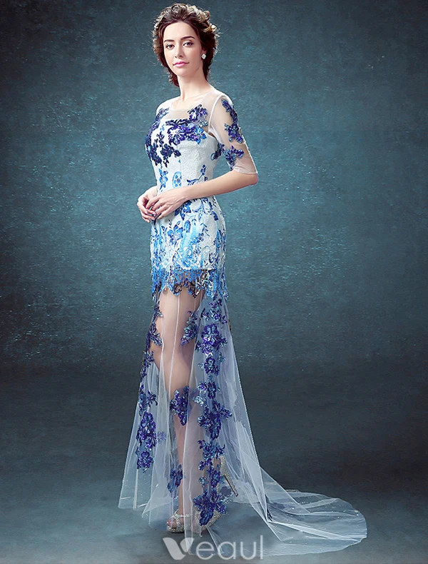 Sexy Evening Dresses 2016  Scoop Neckline Printing Flowers Sequins Tulle Dress