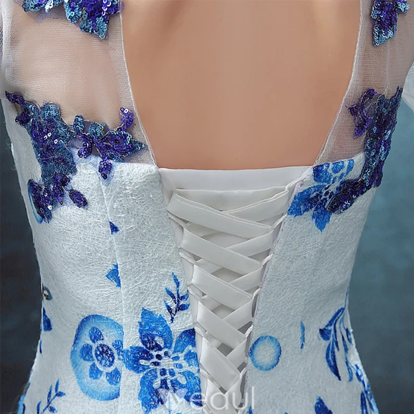 Sexy Evening Dresses 2016  Scoop Neckline Printing Flowers Sequins Tulle Dress