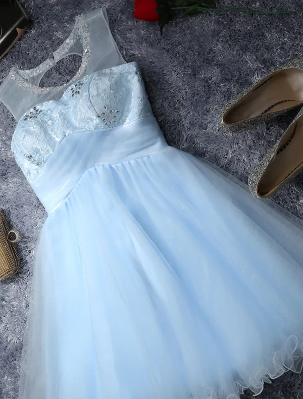 Chic Sky Blue Cocktail Dress 2016 Short Party Dress With Crystal Sequin