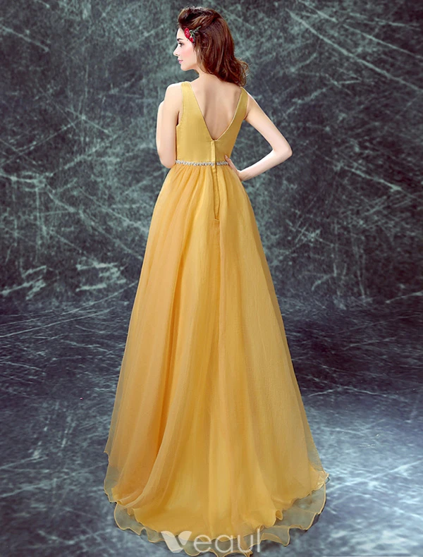 Glamorous Evening Dresses 2016 Deep V-neck Ruffle Soft Yellow Tulle Dress With Rhinestones