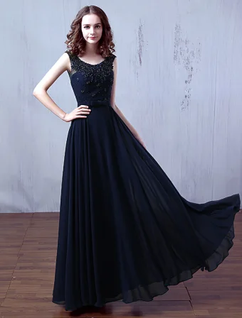 Glamoureuze Avondjurken 2016 Ronde Hals Kralen Applique Kant Dark Navy Chiffon Lange Jurk
