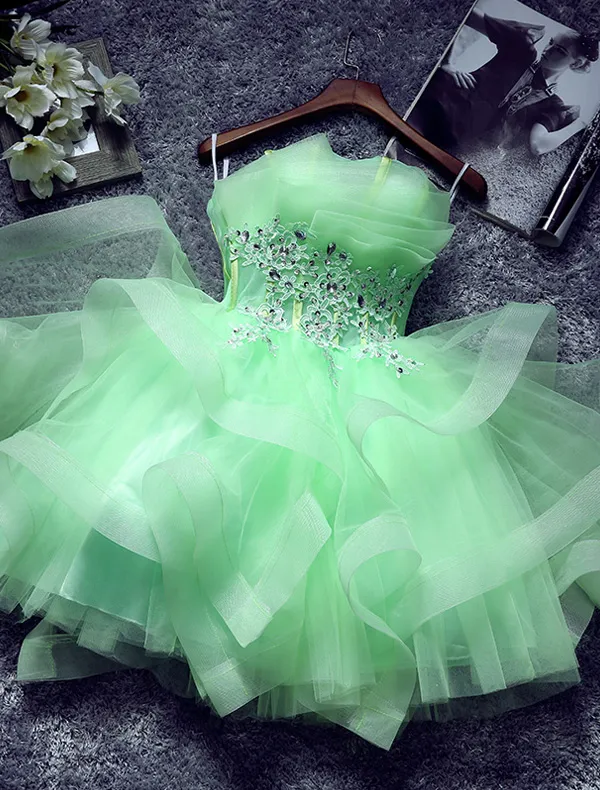 Beautiful Green Cocktail Dress Cascading Ruffles Strapless Short Party Dress