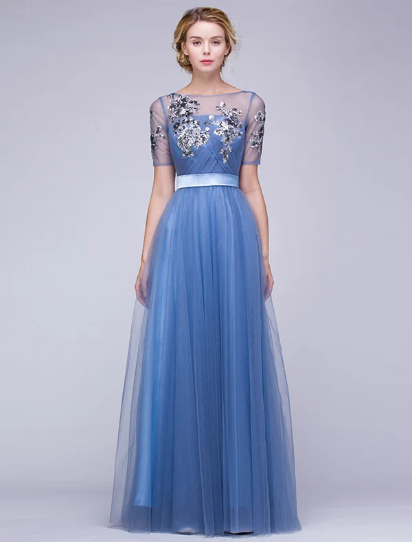 Beautiful Evening Dresses 2016 A-line Square Neckline Applique Sequins Lace Ink Blue Tulle Long Dress With Sash