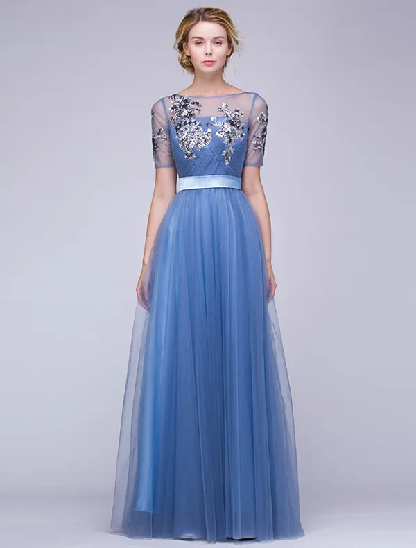 Schöne Abendkleider 2016 A-linie Schnüren Quadratischen Ausschnitt Applikation Pailletten Tinte Blau Tüll Langes Kleid Mit Schärpe