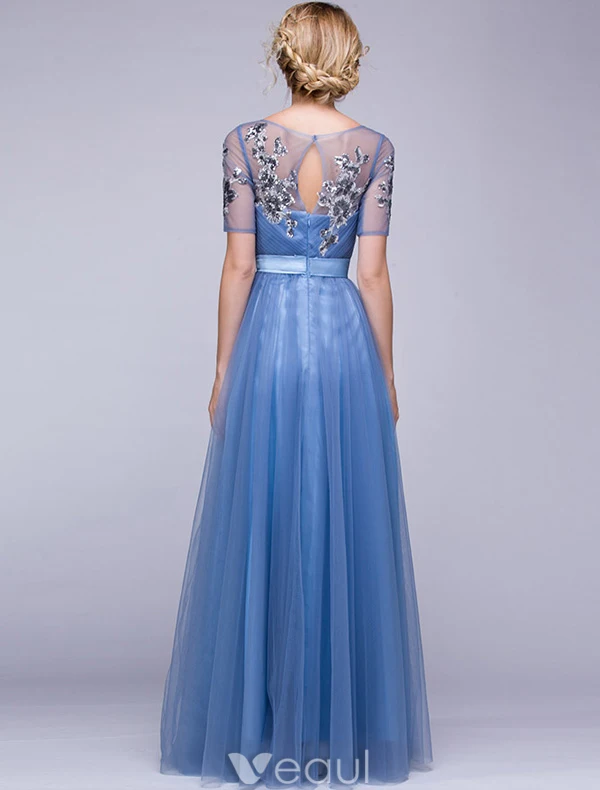 Beautiful Evening Dresses 2016 A-line Square Neckline Applique Sequins Lace Ink Blue Tulle Long Dress With Sash