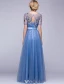 Beautiful Evening Dresses 2016 A-line Square Neckline Applique Sequins Lace Ink Blue Tulle Long Dress With Sash