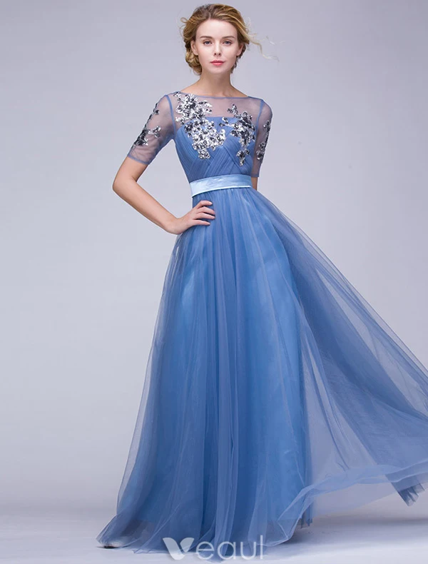 Beautiful Evening Dresses 2016 A-line Square Neckline Applique Sequins Lace Ink Blue Tulle Long Dress With Sash