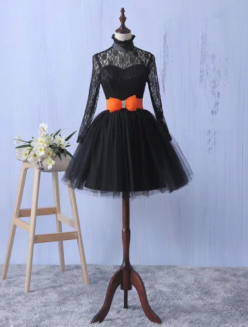 Elegant Lace Party Dress With Bow Knot Short Little Black Dress With Long Sleeves