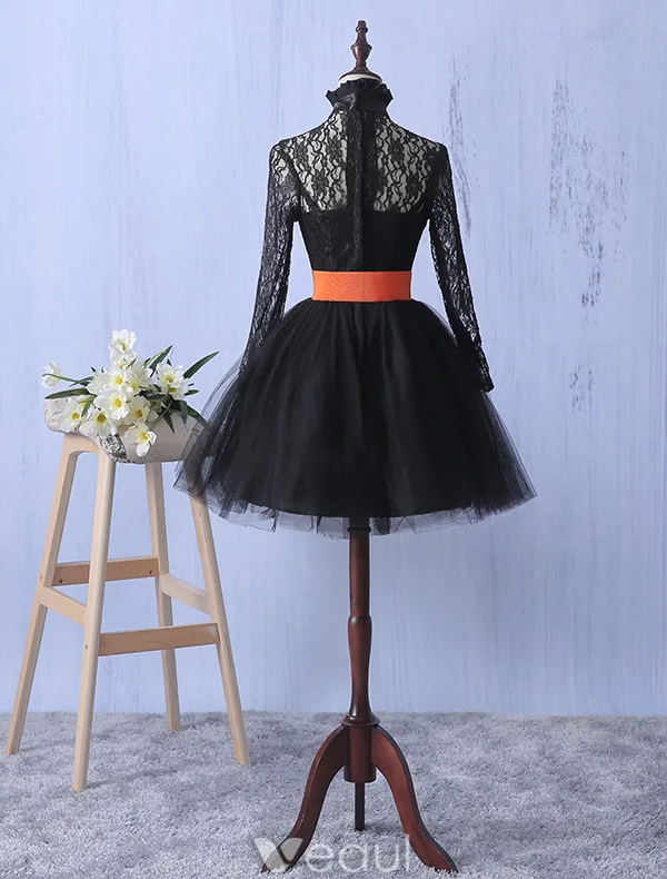 Elegant Lace Party Dress With Bow-knot Short Little Black Dress With Long Sleeves