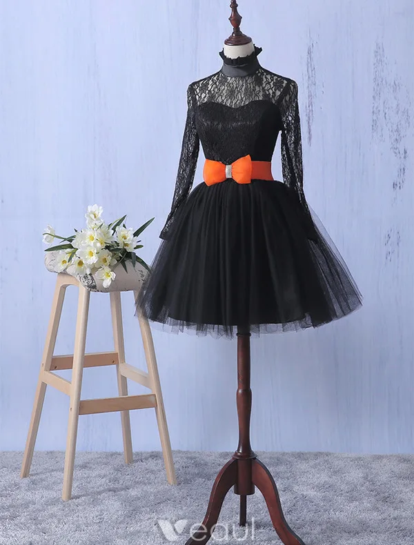 Elegant Lace Party Dress With Bow-knot Short Little Black Dress With Long Sleeves