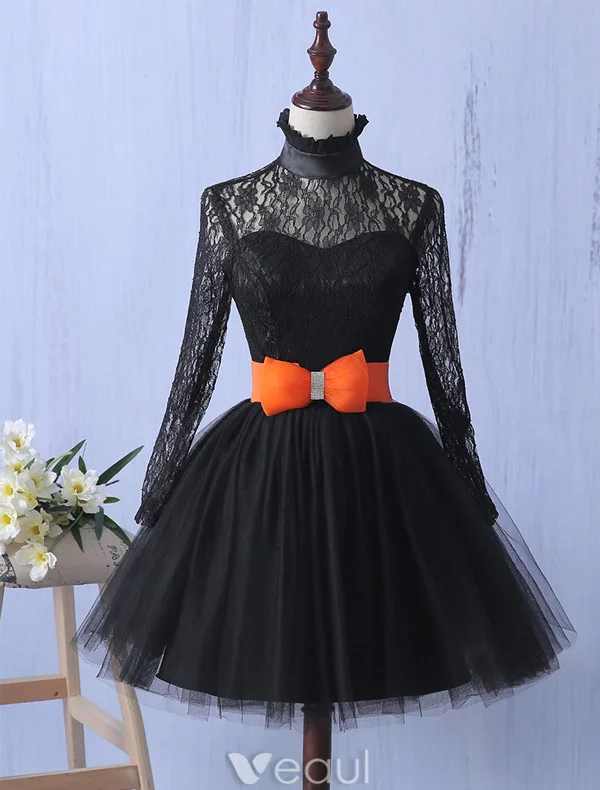 Elegant Lace Party Dress With Bow-knot Short Little Black Dress With Long Sleeves