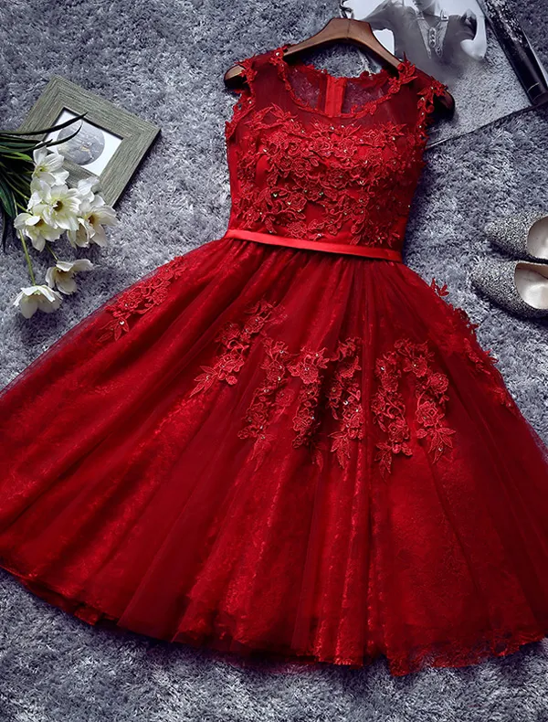 Beautiful Red Cocktail Dress 2016 Short Lace Party Dress With Sash