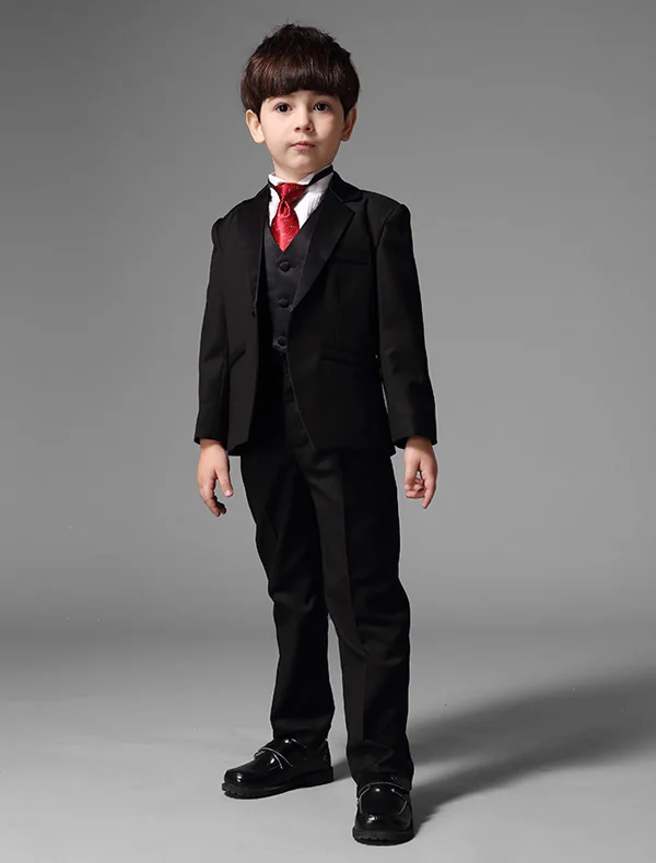 Kinderen Zwart Pak Met Rode Stropdas Jongens Huwelijk Past Bij 5 Sets