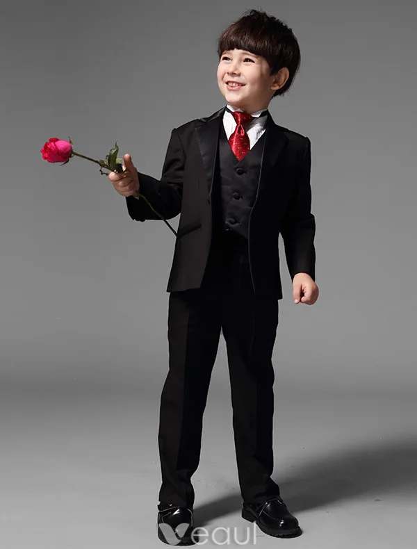 Children's Black Suits With Red Tie, Boys Wedding Suits 5 Sets