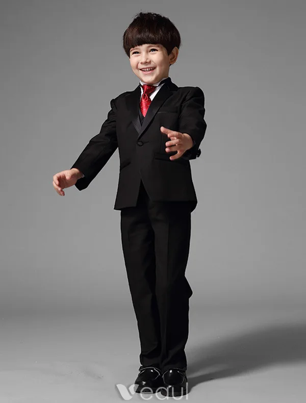 Children's Black Suits With Red Tie, Boys Wedding Suits 5 Sets