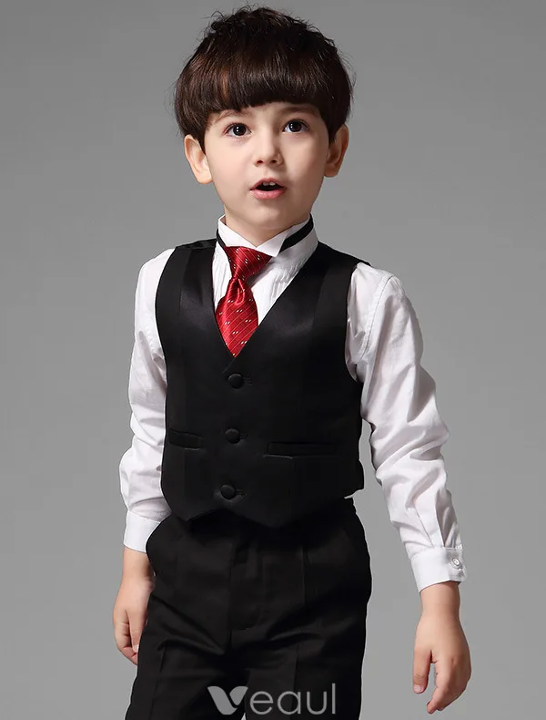 Children's Black Suits With Red Tie, Boys Wedding Suits 5 Sets