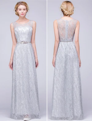 Glitter Aftonklänningar 2016 Halsringning Glitter Spets Backless Silver Klänning Med Metallfolien Skärp