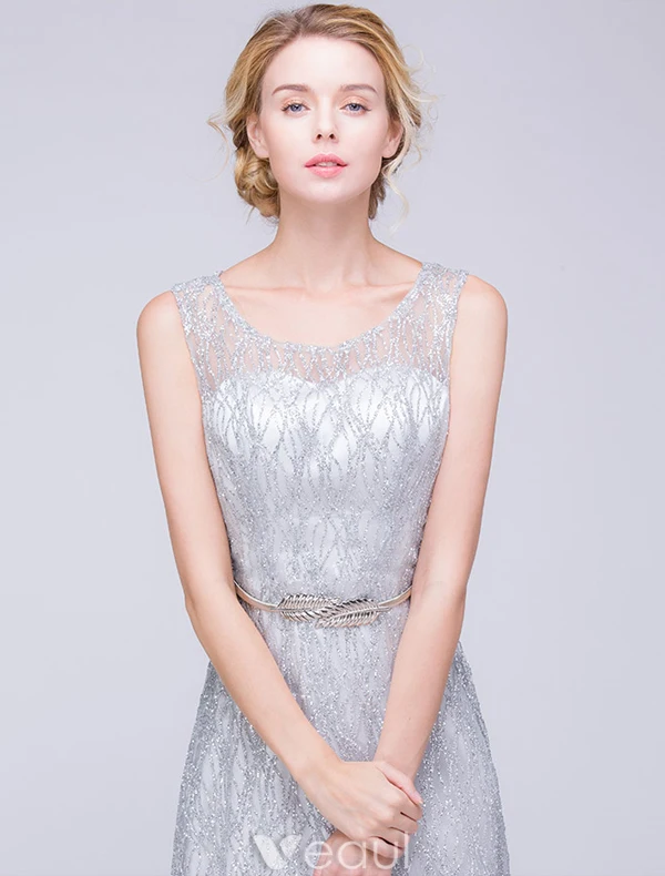 Robe De Soirée Paillettes 2016 Ramasser Dentelle Paillettes Robe Dos Nu Argenté Décolleté Avec Des Feuilles De Métal Ceinture