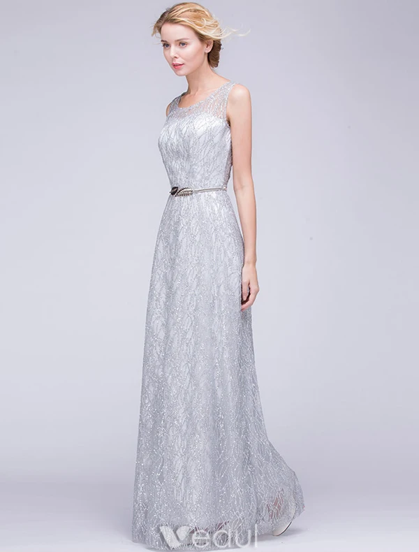 Robe De Soirée Paillettes 2016 Ramasser Dentelle Paillettes Robe Dos Nu Argenté Décolleté Avec Des Feuilles De Métal Ceinture