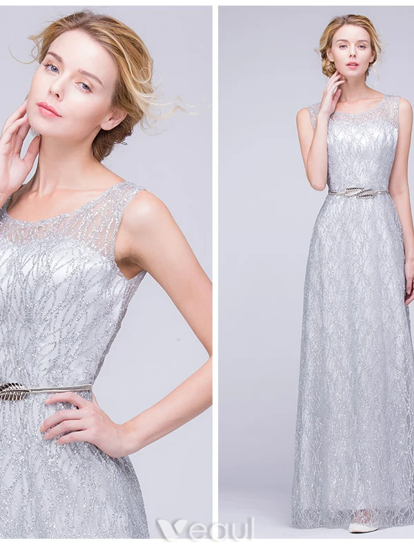 Robe De Soirée Paillettes 2016 Ramasser Dentelle Paillettes Robe Dos Nu Argenté Décolleté Avec Des Feuilles De Métal Ceinture