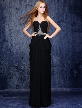 Elegant Black Evening Dresses 2016 A Line Sweetheart Beading Crystal Ruffled Chiffon Long Dress