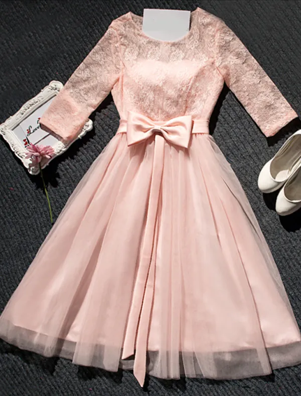 Beautiful Pink Party Dress Short Lace Dress With Bowknot Sash