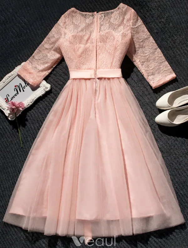 Vakker Rosa Festkjoler Kort Blondekjole Med Bowknot Sash