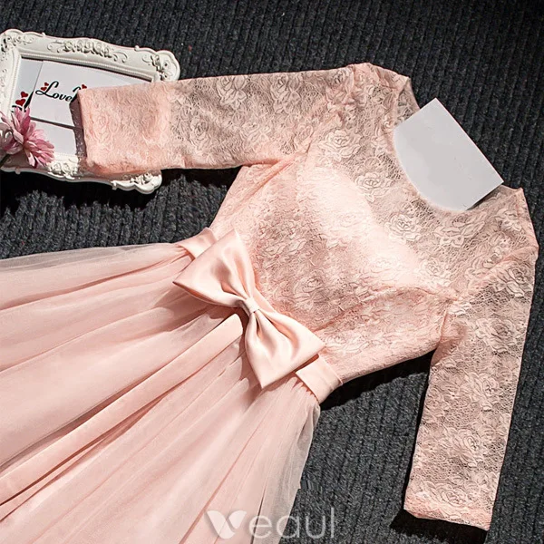 Vakker Rosa Festkjoler Kort Blondekjole Med Bowknot Sash