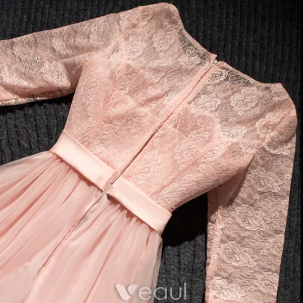 Vakker Rosa Festkjoler Kort Blondekjole Med Bowknot Sash