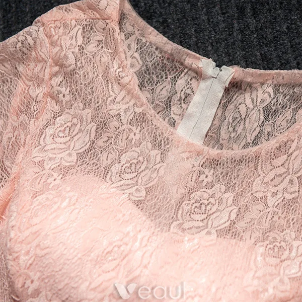 Vakker Rosa Festkjoler Kort Blondekjole Med Bowknot Sash