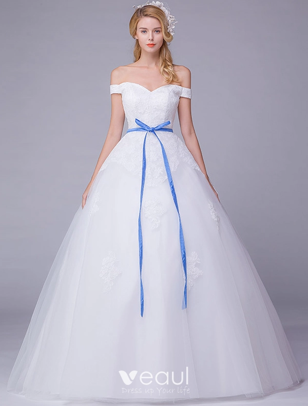 wedding dress with blue sash Ivory Lace Tulle Keyhole Back Wedding Flower Girl Dress, Navy Blue Sas main image 1