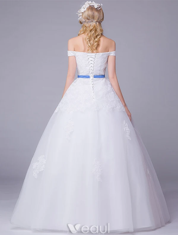 Elegant Wedding Dresses 2016 Off The Shoulder Applique Lace Ball Gown Wedding Dress With Blue Sash