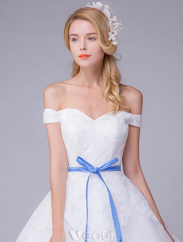Elegant Wedding Dresses 2016 Off The Shoulder Applique Lace Ball Gown Wedding Dress With Blue Sash