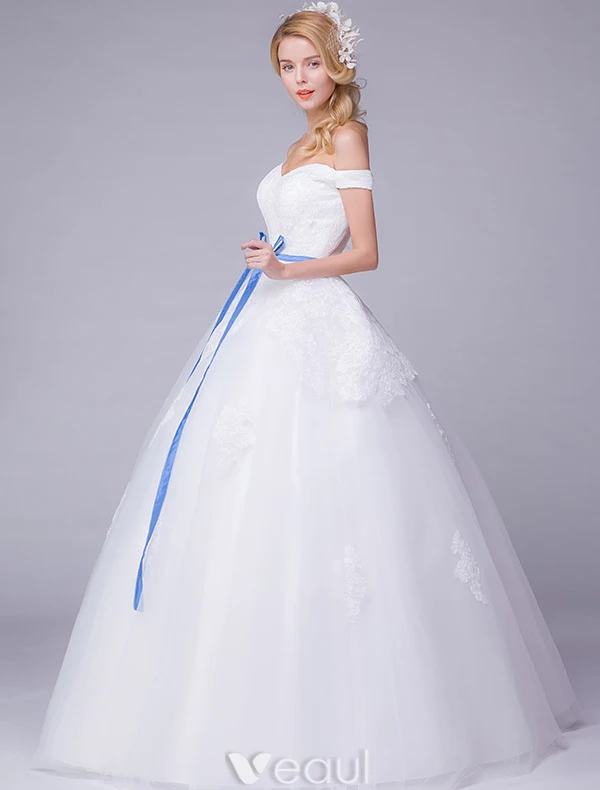 Elegant Wedding Dresses 2016 Off The Shoulder Applique Lace Ball Gown Wedding Dress With Blue Sash