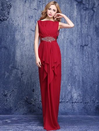 Elegant Burgundy Evening Dresses 2016 Square Neckline Beading Rhines Ruffled Chiffon Long Dress