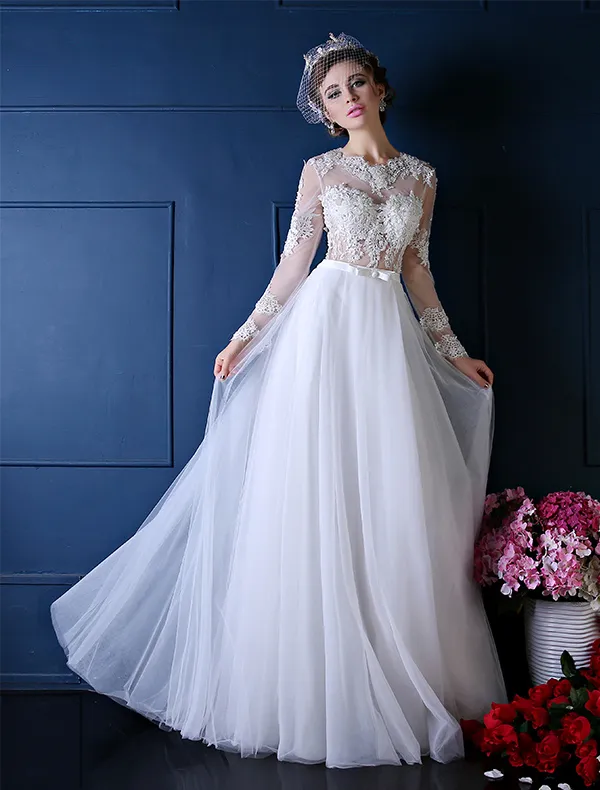 Beautiful Wedding Dress 2016 A-line Applique Lace White Organza Wedding Dress