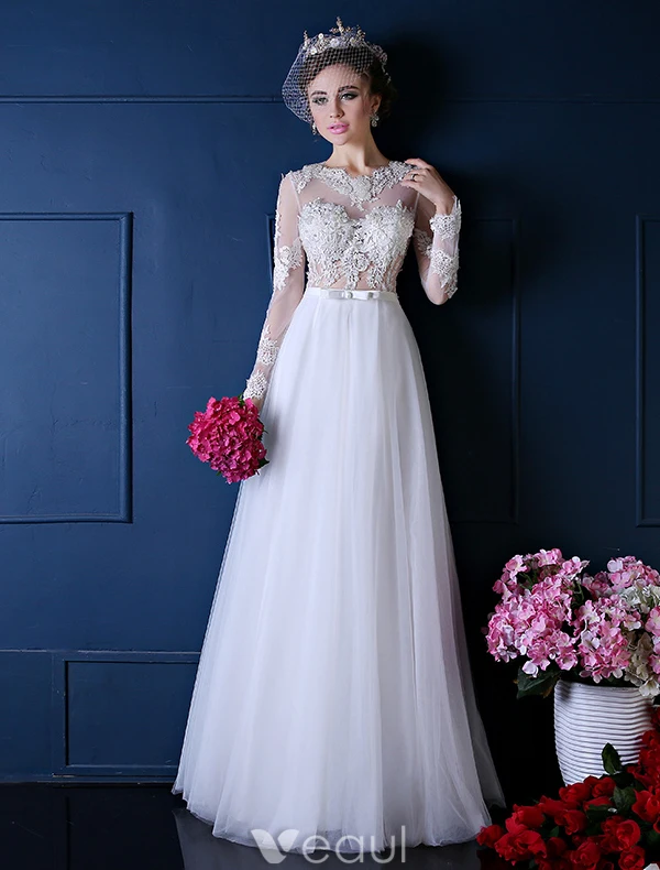 Beautiful Wedding Dress 2016 A-line Applique Lace White Organza Wedding Dress